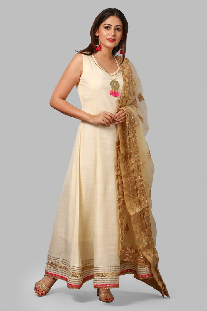 anokherang Combos Off-White Silk Gotta Floor Length Kurti with with Gold Gotta and Mirror Net Dupatta