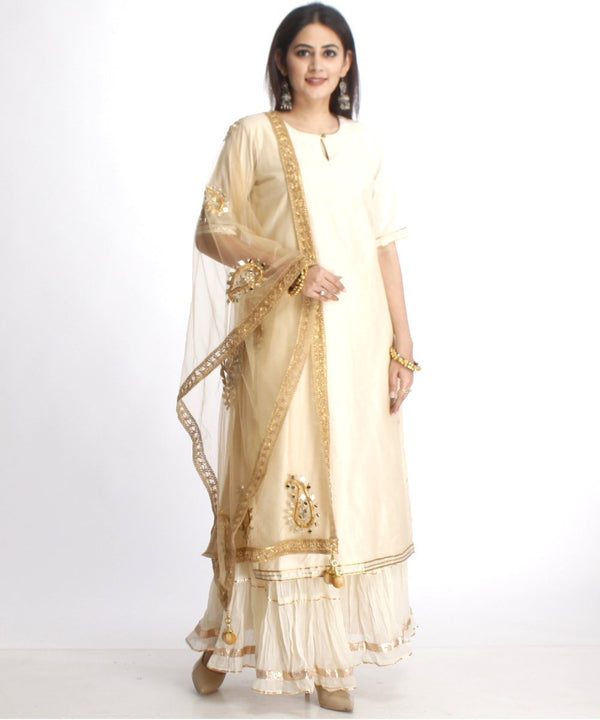 anokherang Combos Off-White Straight Kurti with Off-White Gota Gathered Sharara and Net Paisley Mirror Embroidered Dupatta