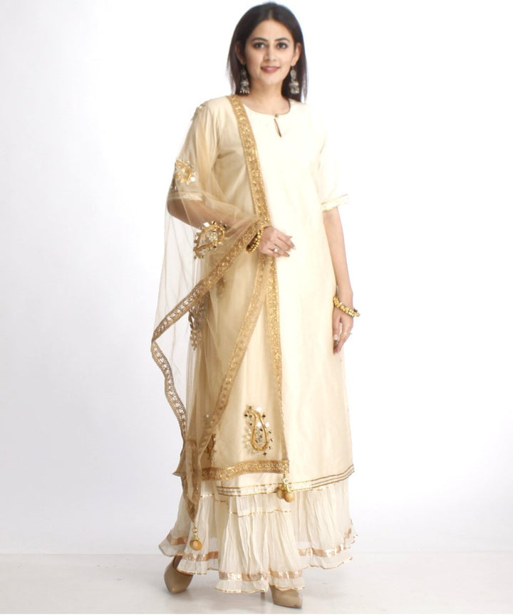 anokherang Combos Off-White Straight Kurti with Off-White Gota Gathered Sharara and Net Paisley Mirror Embroidered Dupatta