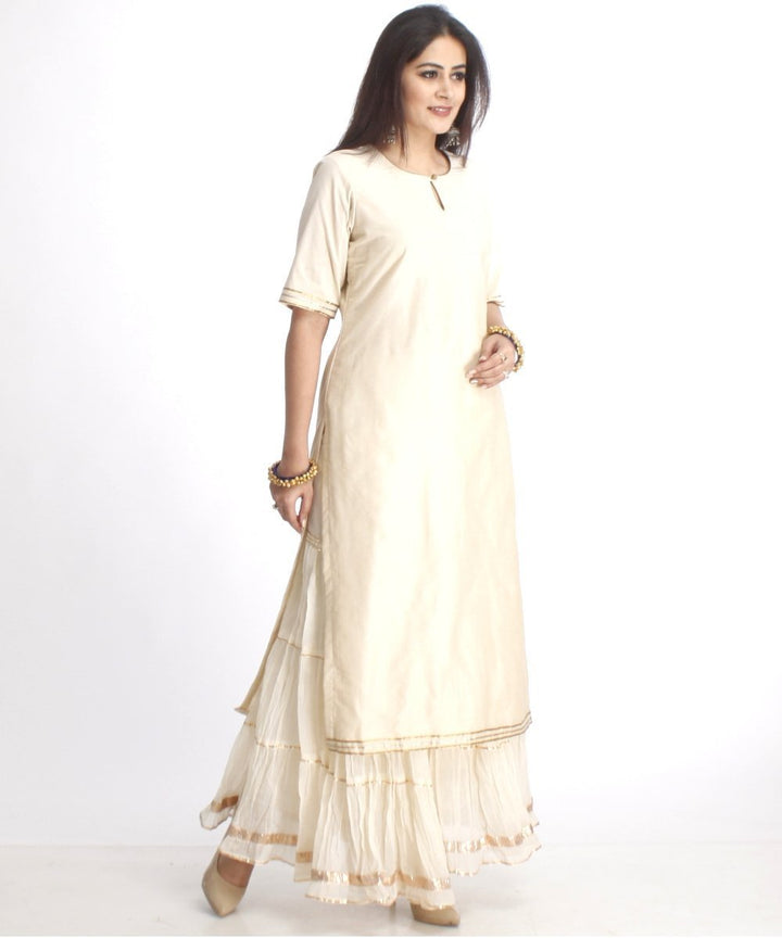 anokherang Combos Off-White Straight Kurti with Off-White Gota Gathered Sharara and Net Paisley Mirror Embroidered Dupatta