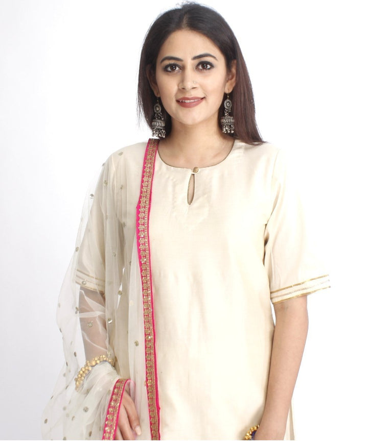 anokherang Combos Off-White Straight Kurti with Off-White Gota Gathered Sharara and Off-White Net Sequenced Dupatta