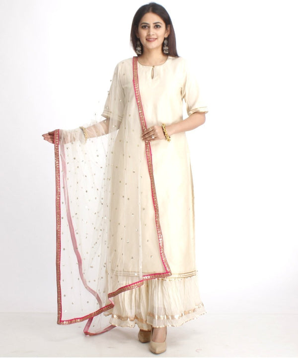 anokherang Combos Off-White Straight Kurti with Off-White Gota Gathered Sharara and Off-White Net Sequenced Dupatta