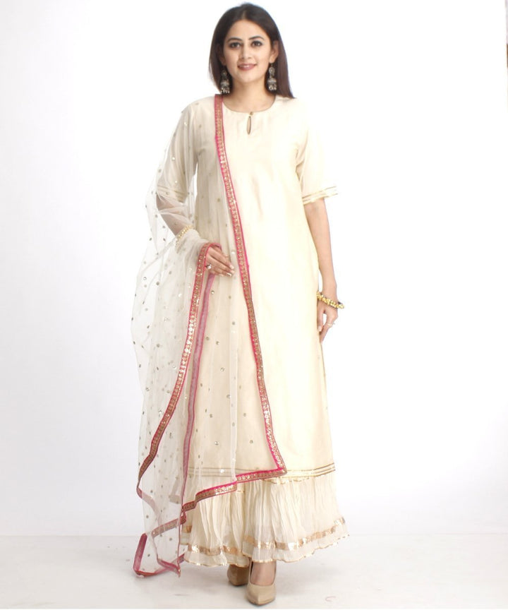 anokherang Combos Off-White Straight Kurti with Off-White Gota Gathered Sharara and Off-White Net Sequenced Dupatta