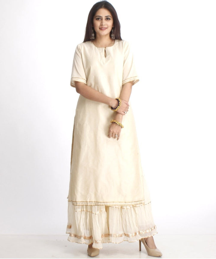 anokherang Combos Off-White Straight Kurti with Off-White Gota Gathered Sharara and Off-White Net Sequenced Dupatta