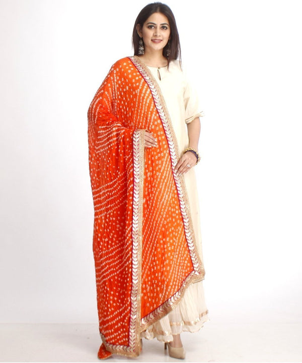 anokherang Combos Off-White Straight Kurti with Off-White Gota Gathered Sharara and Orange Bhandhej Dupatta