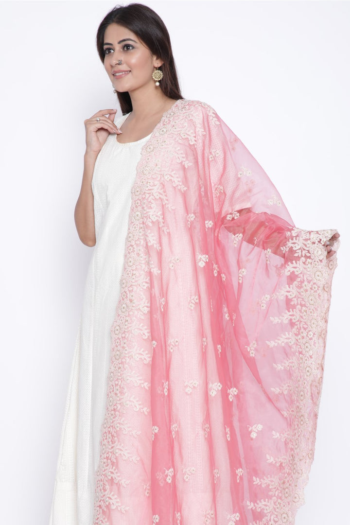 anokherang Combos OffWhite Anarkali with Churidaar and Carrot Pink Thread Embroidered Dupatta