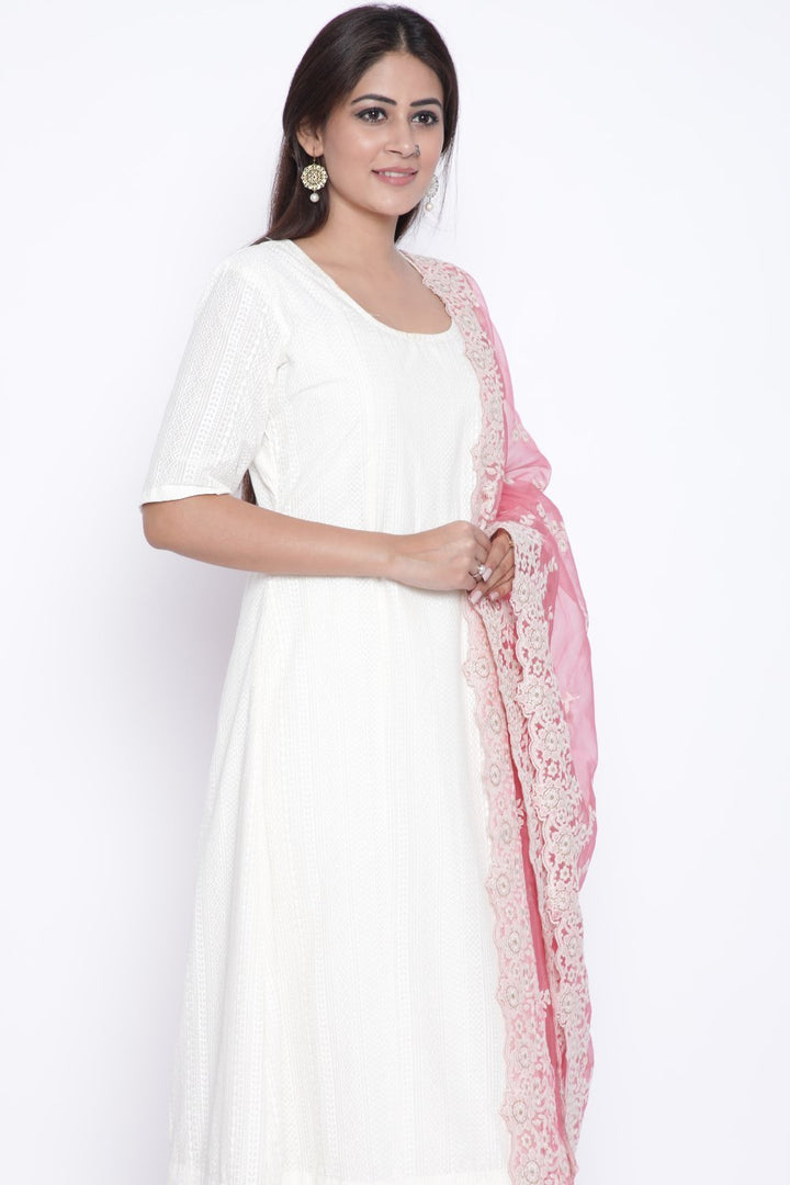 anokherang Combos OffWhite Anarkali with Churidaar and Carrot Pink Thread Embroidered Dupatta