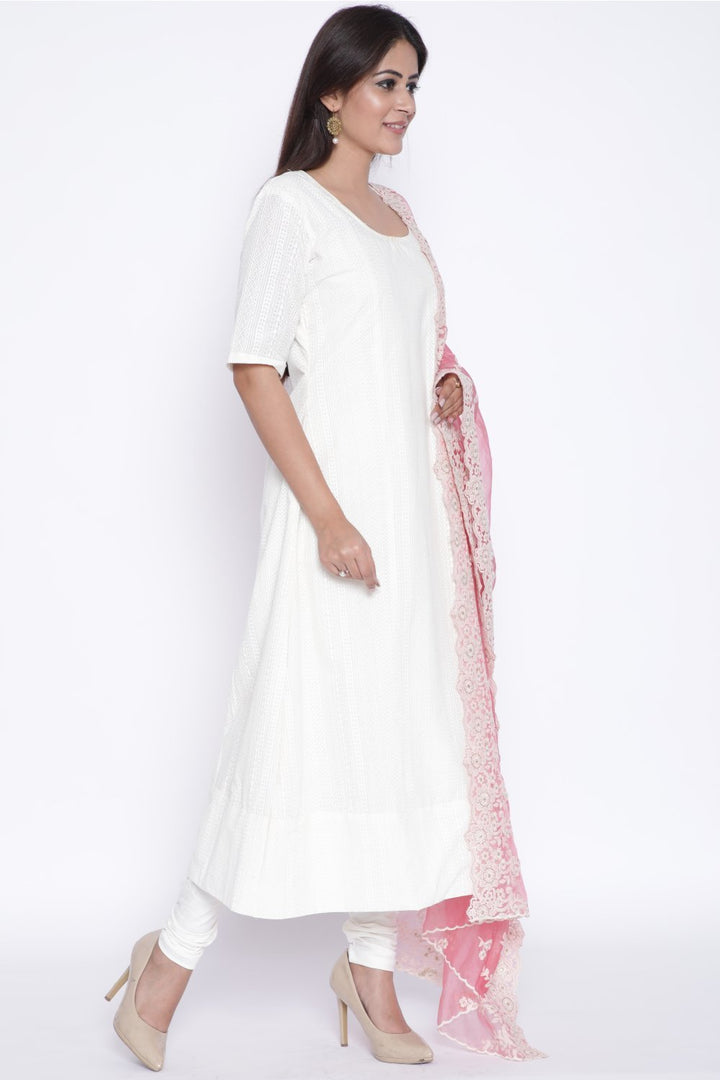 anokherang Combos OffWhite Anarkali with Churidaar and Carrot Pink Thread Embroidered Dupatta