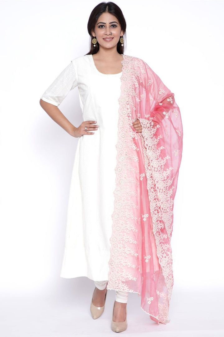 anokherang Combos OffWhite Anarkali with Churidaar and Carrot Pink Thread Embroidered Dupatta