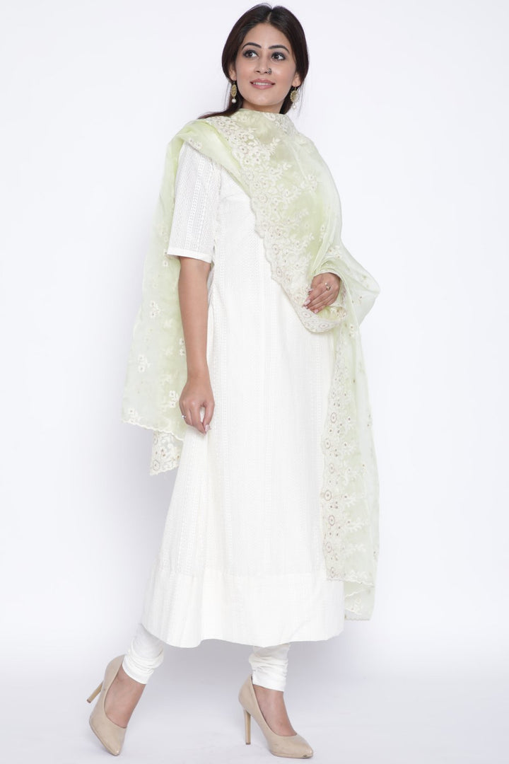 anokherang Combos OffWhite Anarkali with Churidaar and Lemon Thread Embroidered Dupatta