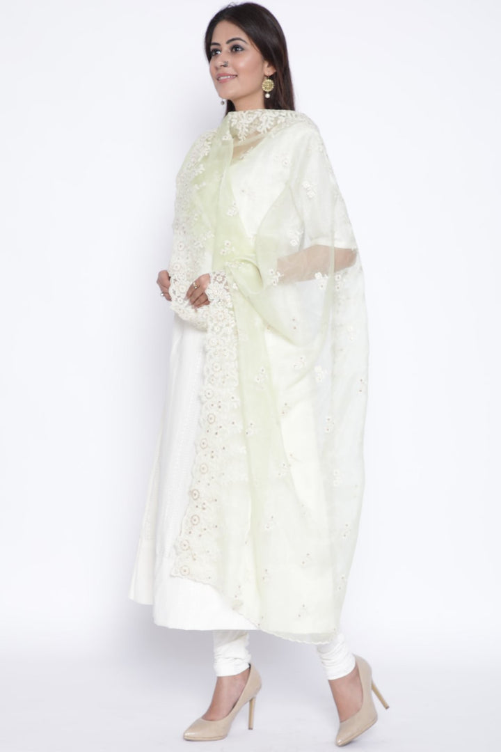 anokherang Combos OffWhite Anarkali with Churidaar and Lemon Thread Embroidered Dupatta