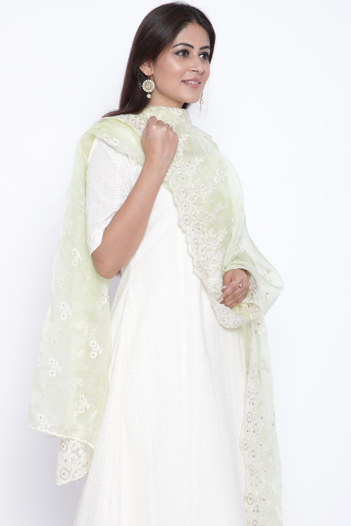 anokherang Combos OffWhite Anarkali with Churidaar and Lemon Thread Embroidered Dupatta