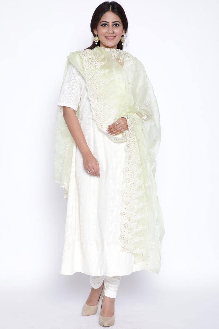anokherang Combos OffWhite Anarkali with Churidaar and Lemon Thread Embroidered Dupatta