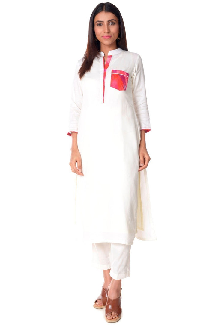 anokherang Combos OffWhite Ikkat Pocket Kurti with Straight Pants