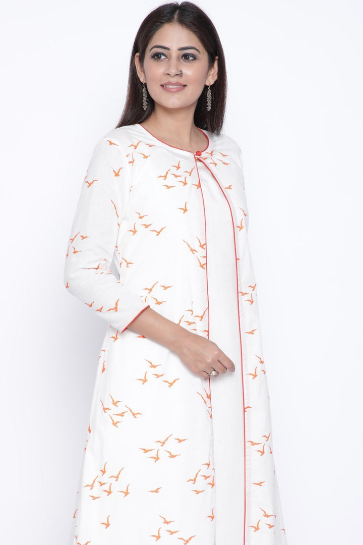 anokherang Combos OffWhite Orange Birds Printed Cape and Kurti