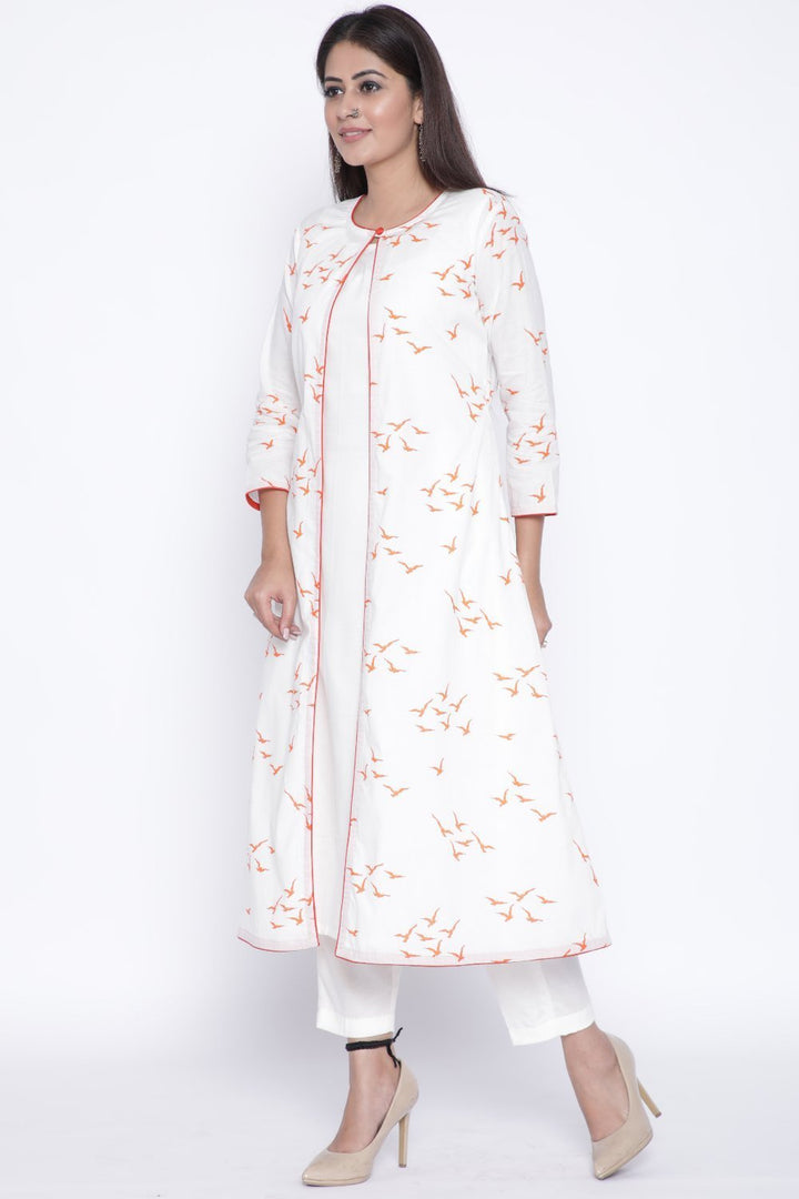 anokherang Combos OffWhite Orange Birds Printed Cape and Kurti