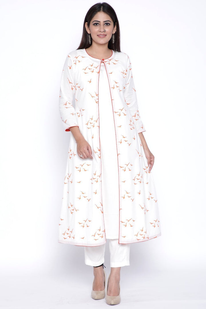 anokherang Combos OffWhite Orange Birds Printed Cape and Kurti