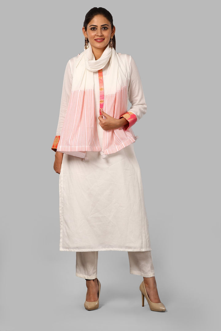 anokherang Combos OffWhite Peach Basant Kurti with Pants and Striped Stole