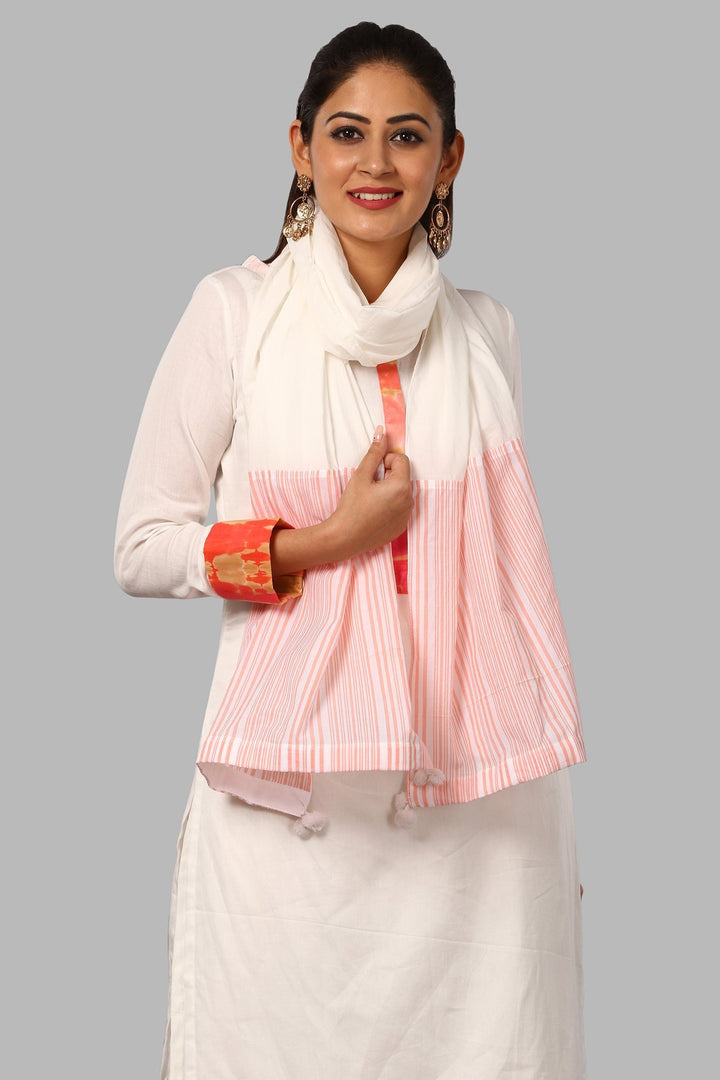 anokherang Combos OffWhite Peach Basant Kurti with Pants and Striped Stole