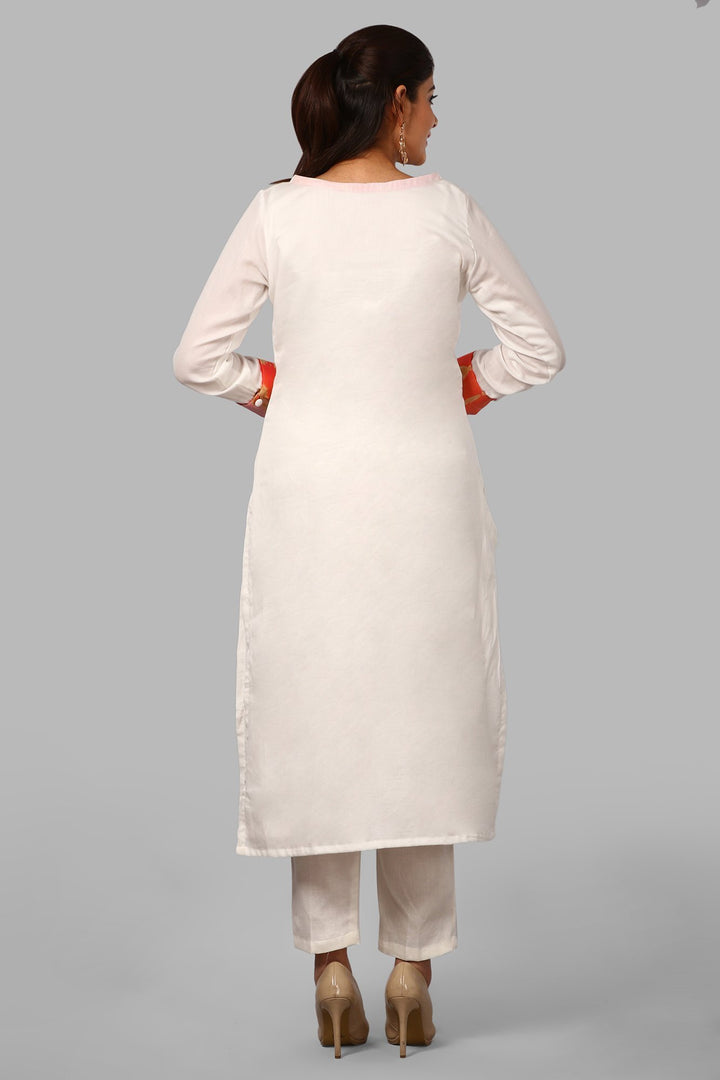 anokherang Combos OffWhite Peach Basant Kurti with Pants and Striped Stole
