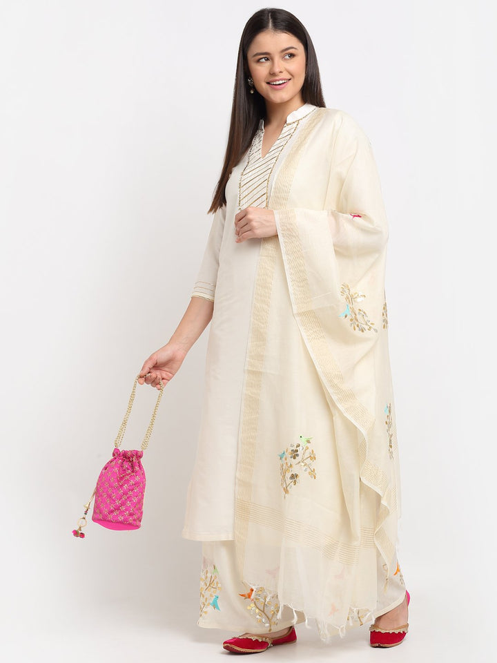 anokherang Combos OffWhite Shine Kurti with Embroidered Birds Gotta Palazzo and Embroidered Dupatta
