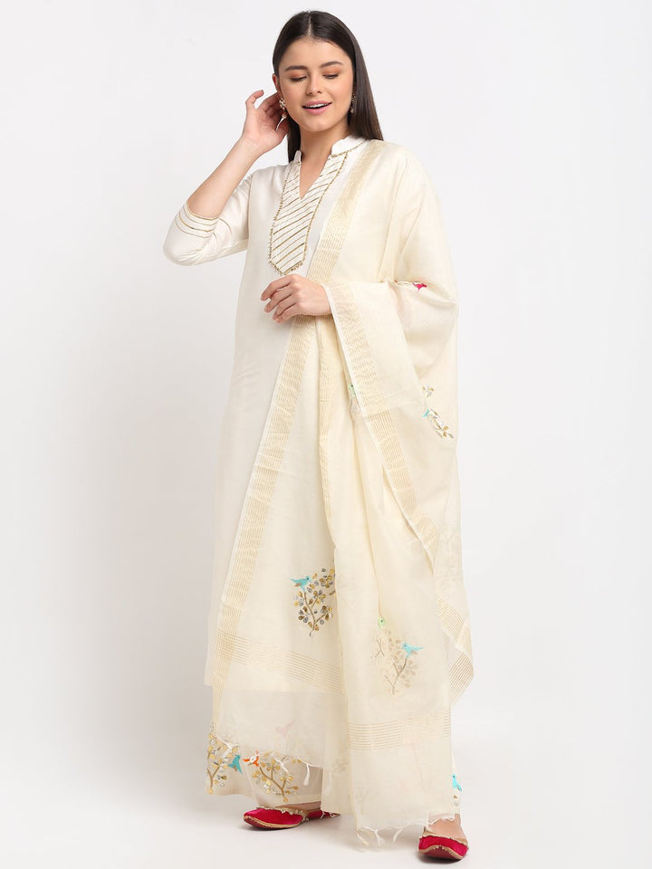 anokherang Combos OffWhite Shine Kurti with Embroidered Birds Gotta Palazzo and Embroidered Dupatta