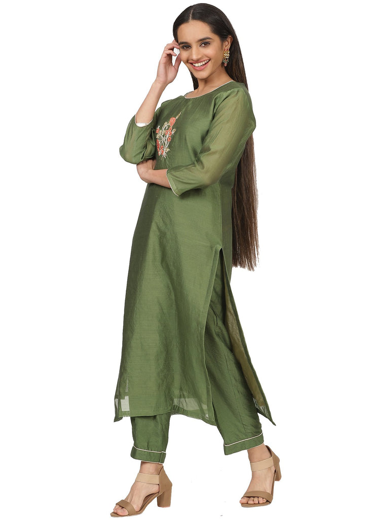 anokherang Combos Olive Floral Embroidered Straight Kurti with Straight Pants