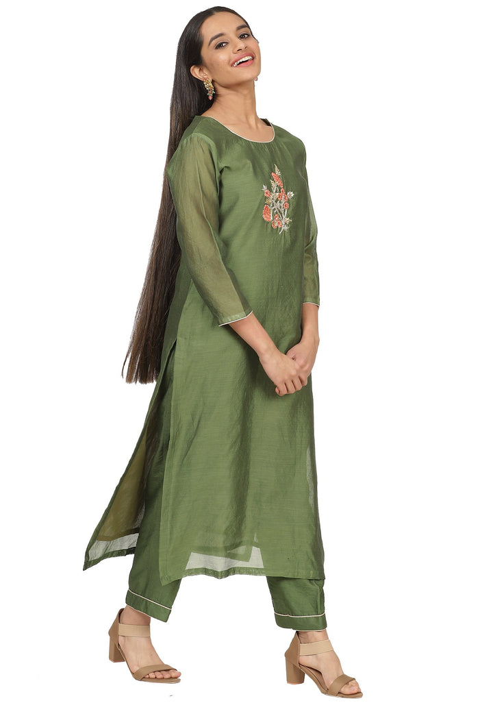 anokherang Combos Olive Floral Embroidered Straight Kurti with Straight Pants