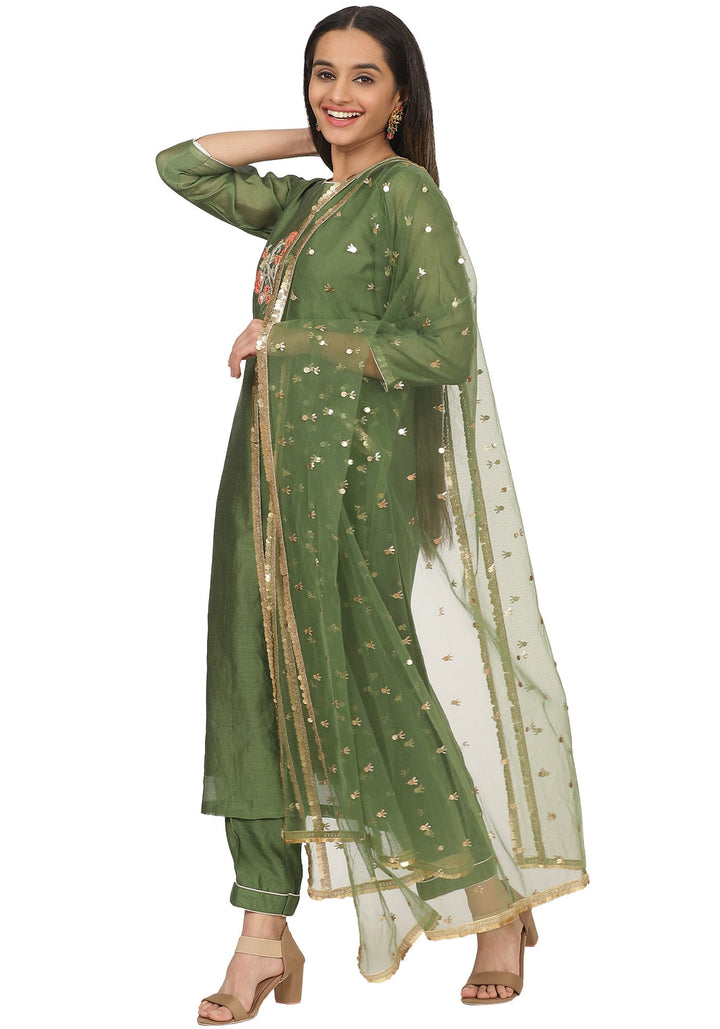 anokherang Combos Olive Floral Hand Embroidered Straight Kurti with Straight Pants and Jhilmil Net Dupatta
