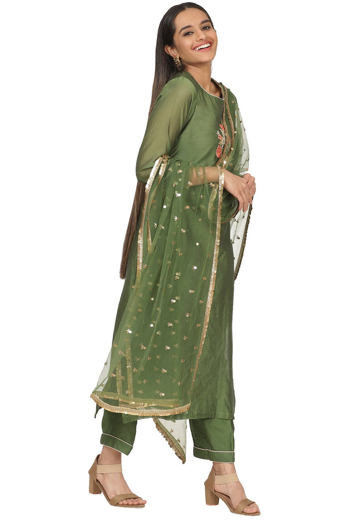 anokherang Combos Olive Floral Hand Embroidered Straight Kurti with Straight Pants and Jhilmil Net Dupatta