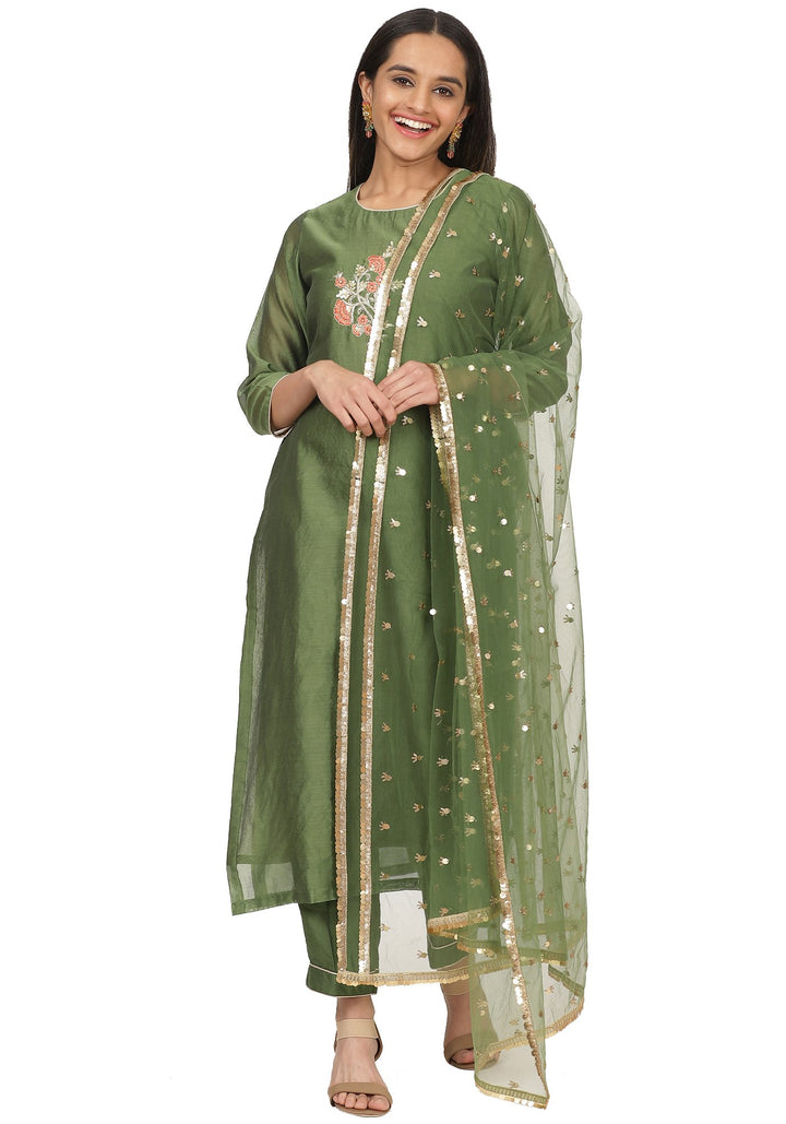 anokherang Combos Olive Floral Hand Embroidered Straight Kurti with Straight Pants and Jhilmil Net Dupatta