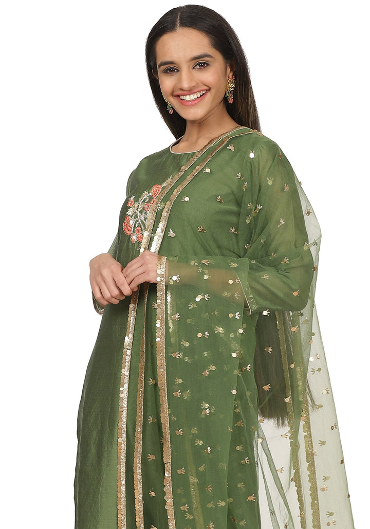 anokherang Combos Olive Floral Hand Embroidered Straight Kurti with Straight Pants and Jhilmil Net Dupatta