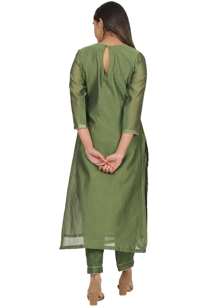 anokherang Combos Olive Floral Hand Embroidered Straight Kurti with Straight Pants and Jhilmil Net Dupatta