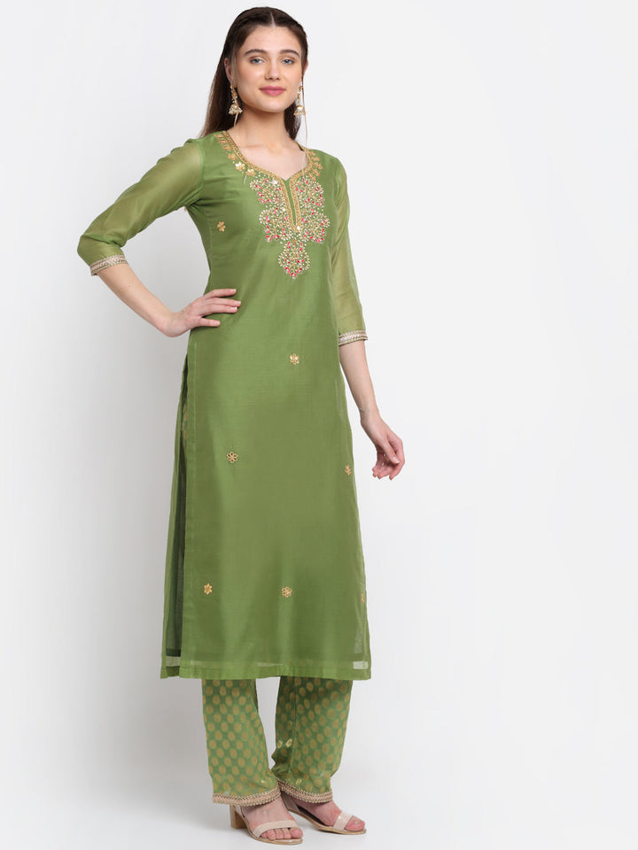 anokherang Combos Olive Green Gotta Embroidered Kurti With Straight Palazzo