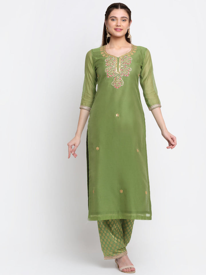 anokherang Combos Olive Green Gotta Embroidered Kurti With Straight Palazzo