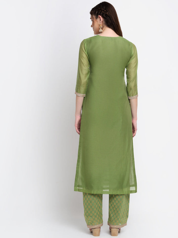 anokherang Combos Olive Green Gotta Embroidered Kurti With Straight Palazzo
