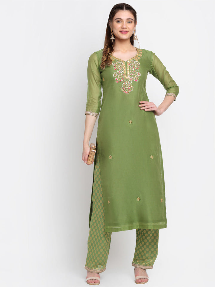 anokherang Combos Olive Green Gotta Embroidered Kurti With Straight Palazzo