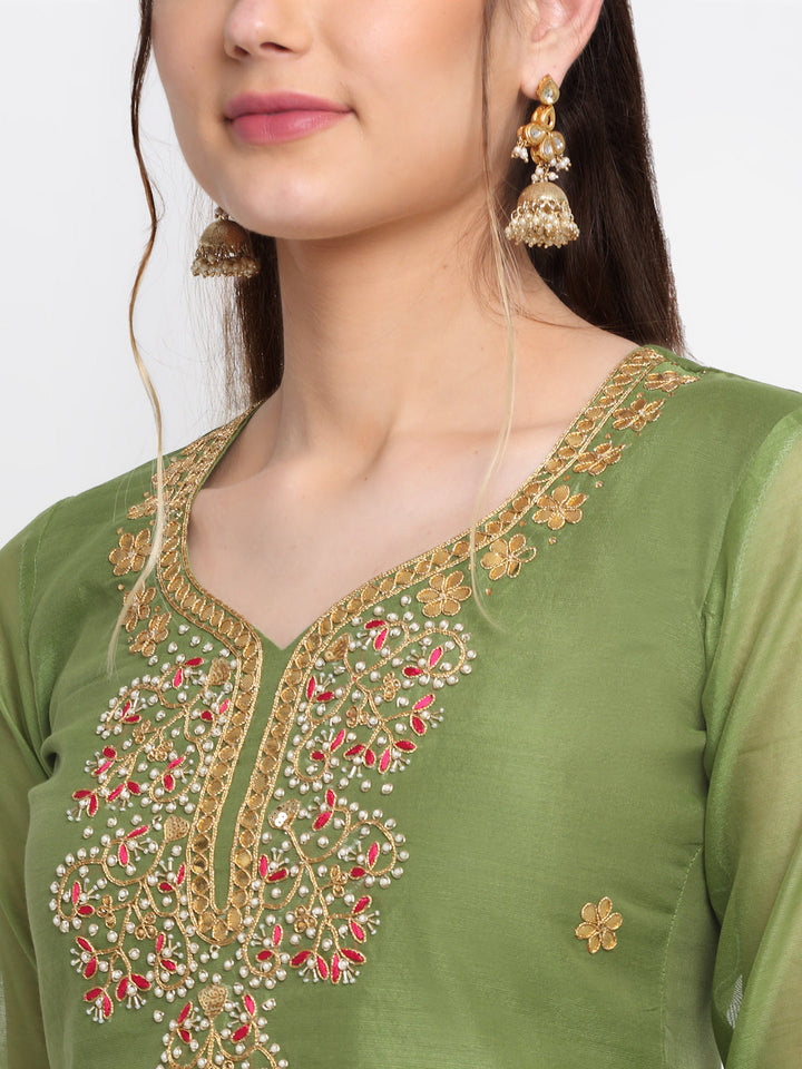 anokherang Combos Olive Green Gotta Embroidered Kurti With Straight Palazzo
