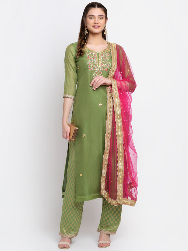 anokherang Combos Olive Green Gotta Embroidered Kurti With Straight Palazzo and Pink Net Stone Dupatta
