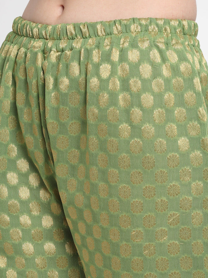 anokherang Combos Olive Green Gotta Embroidered Kurti With Straight Palazzo and Pink Net Stone Dupatta