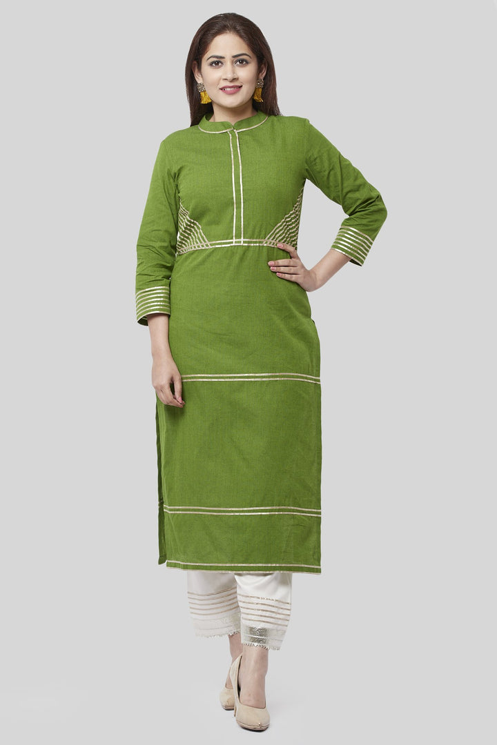 anokherang Combos Olive Green Gotta Straight Kurti with Off-White Gotta Palazzos