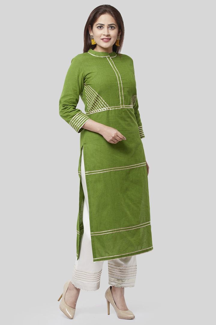anokherang Combos Olive Green Gotta Straight Kurti with Off-White Gotta Palazzos