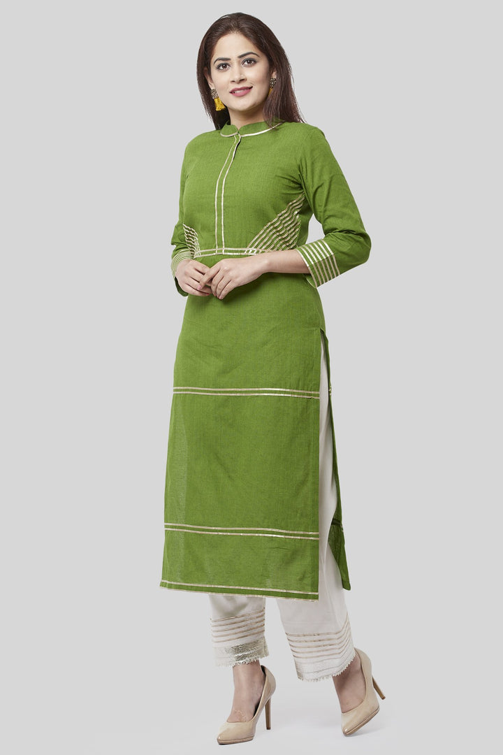 anokherang Combos Olive Green Gotta Straight Kurti with Off-White Gotta Palazzos