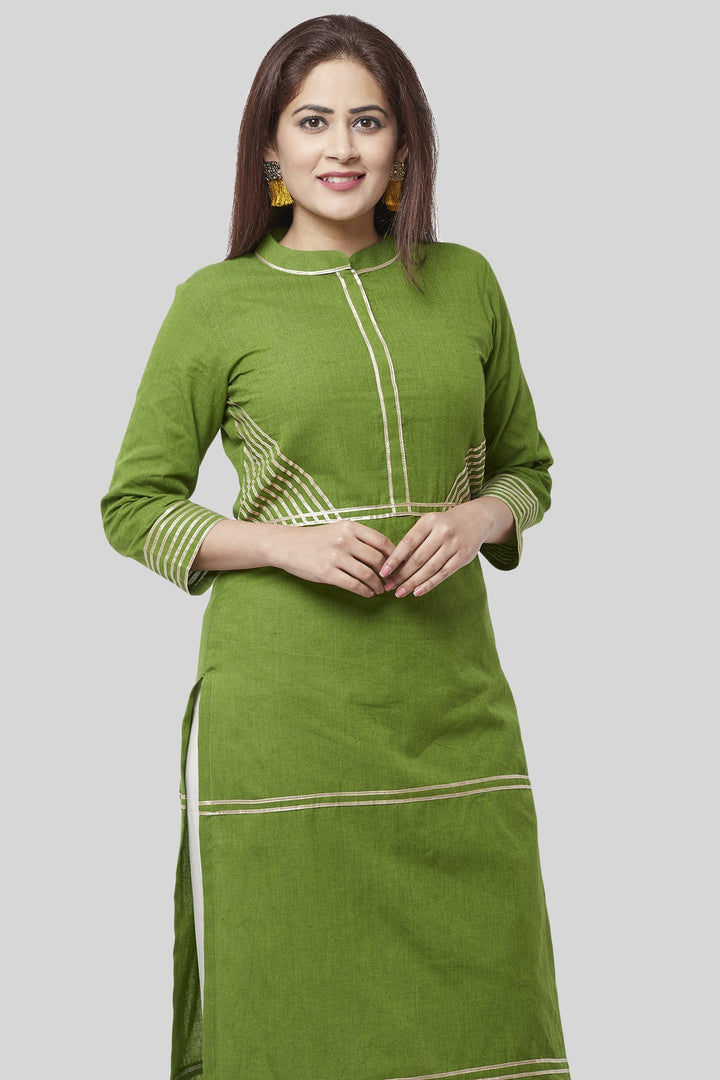 anokherang Combos Olive Green Gotta Straight Kurti with Off-White Gotta Palazzos
