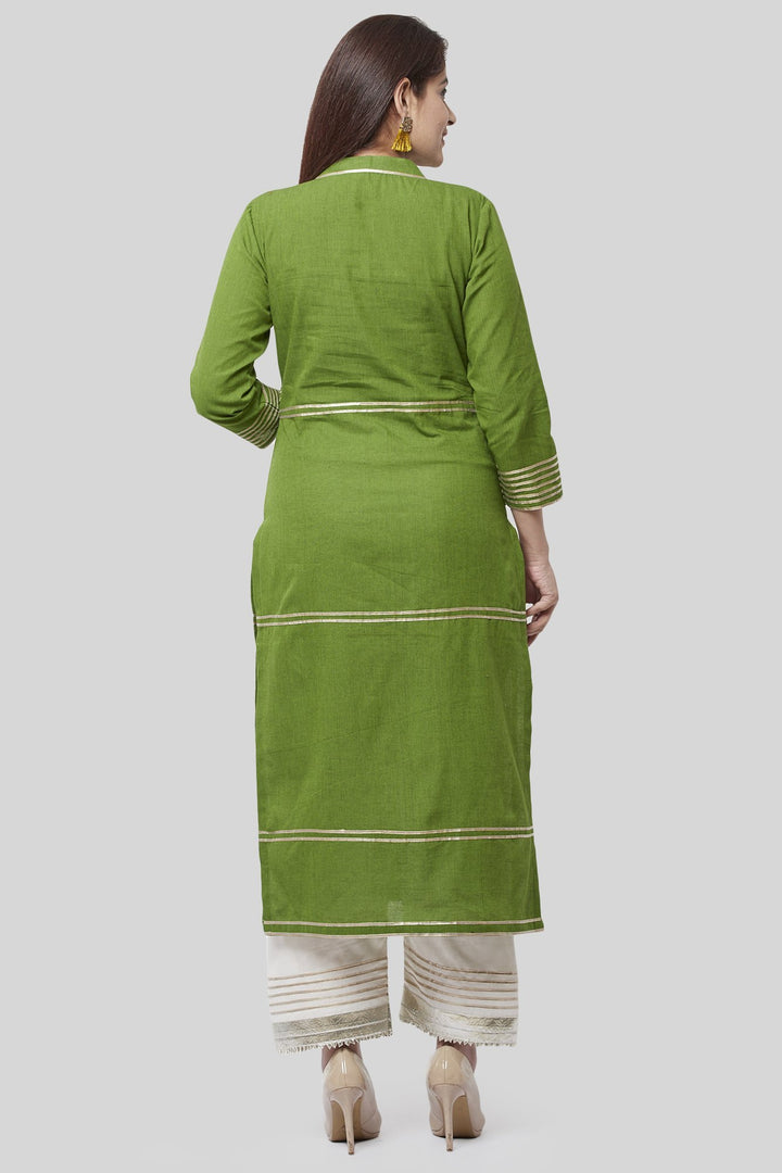 anokherang Combos Olive Green Gotta Straight Kurti with Off-White Gotta Palazzos