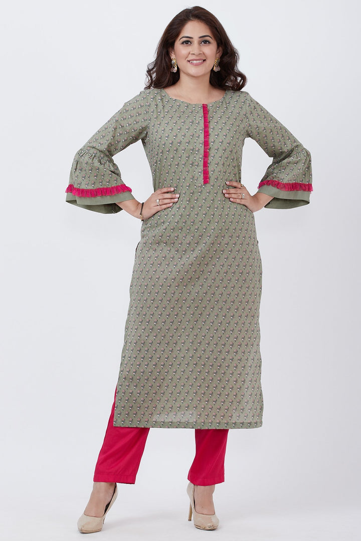 anokherang Combos Olive Green Printed Straight Kurti with Straight Pants