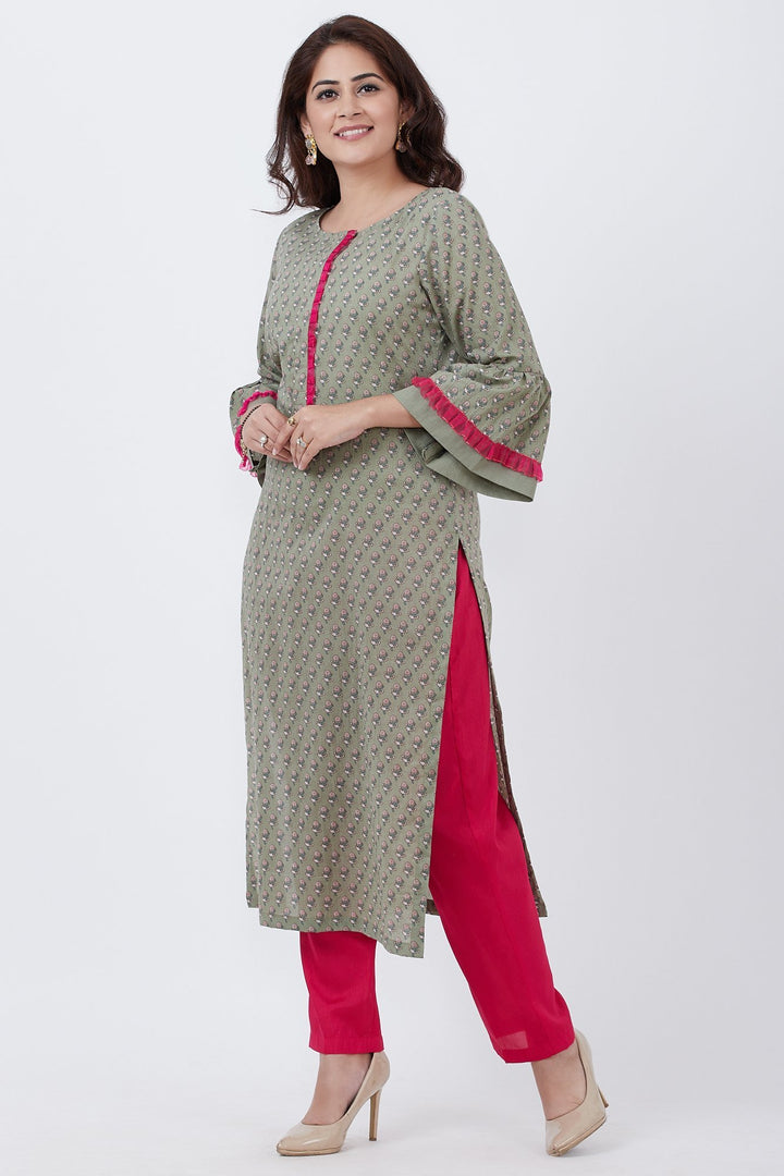 anokherang Combos Olive Green Printed Straight Kurti with Straight Pants