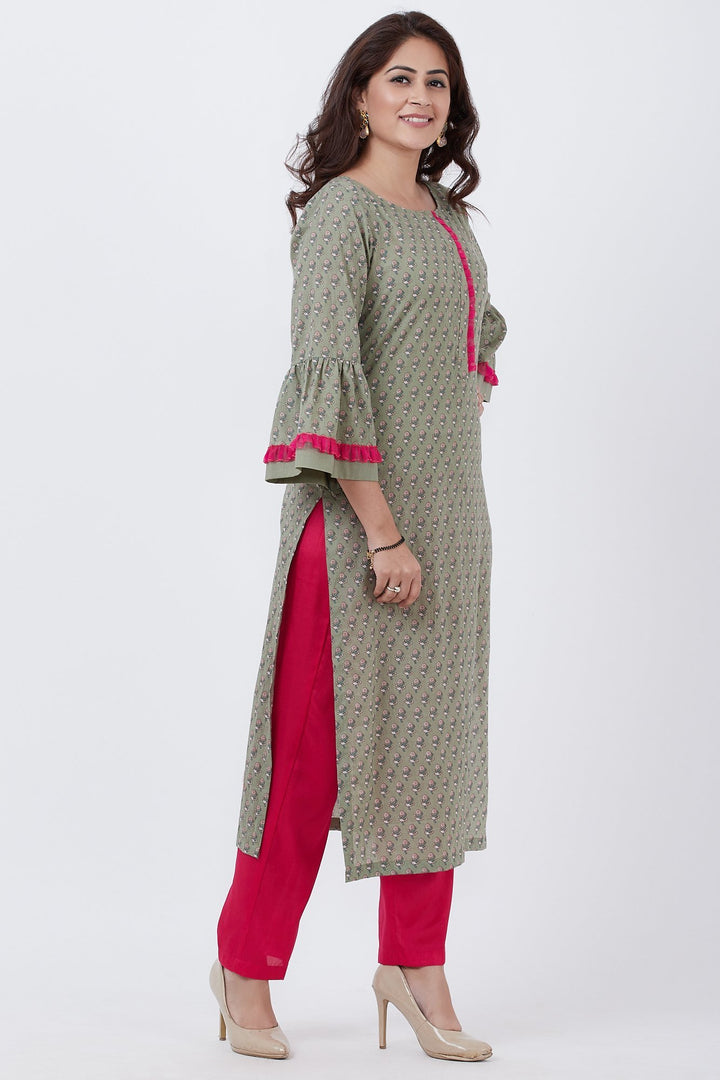 anokherang Combos Olive Green Printed Straight Kurti with Straight Pants