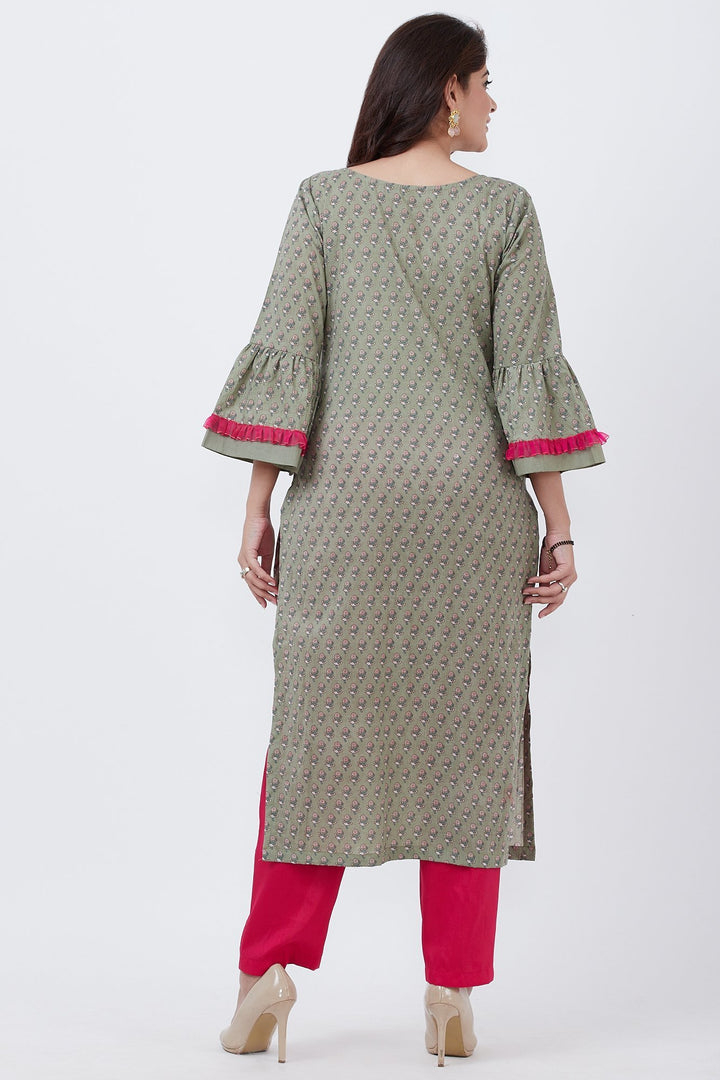 anokherang Combos Olive Green Printed Straight Kurti with Straight Pants