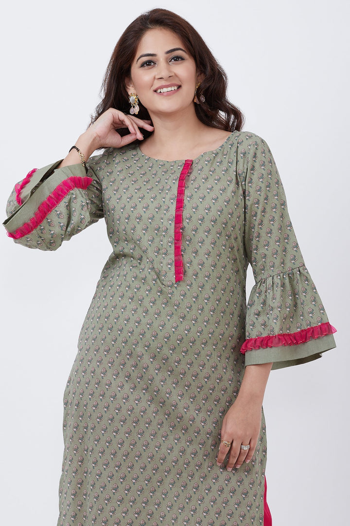 anokherang Combos Olive Green Printed Straight Kurti with Straight Pants